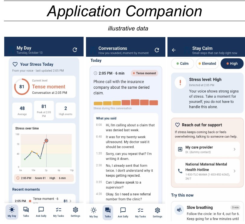 Companion app screens with illustrative data