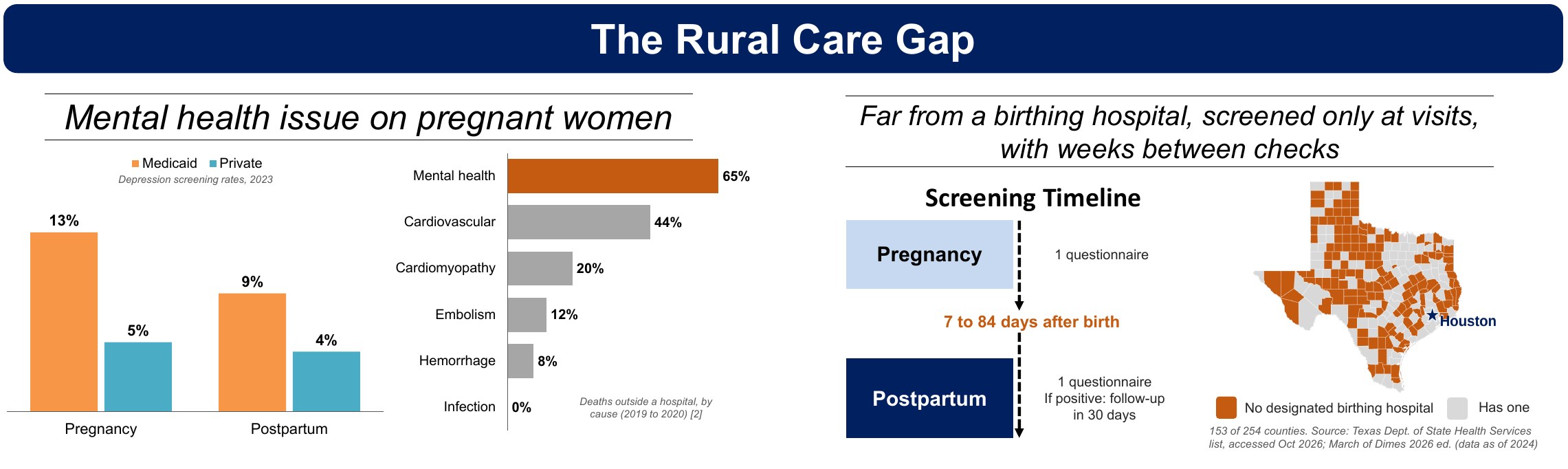 Poster section: the rural care gap, screening rates and Texas birthing hospital map